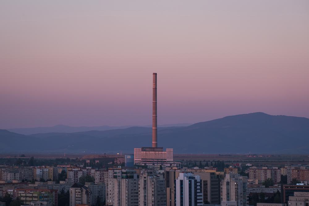 Sunset over industrial complex in Brașov, Romania