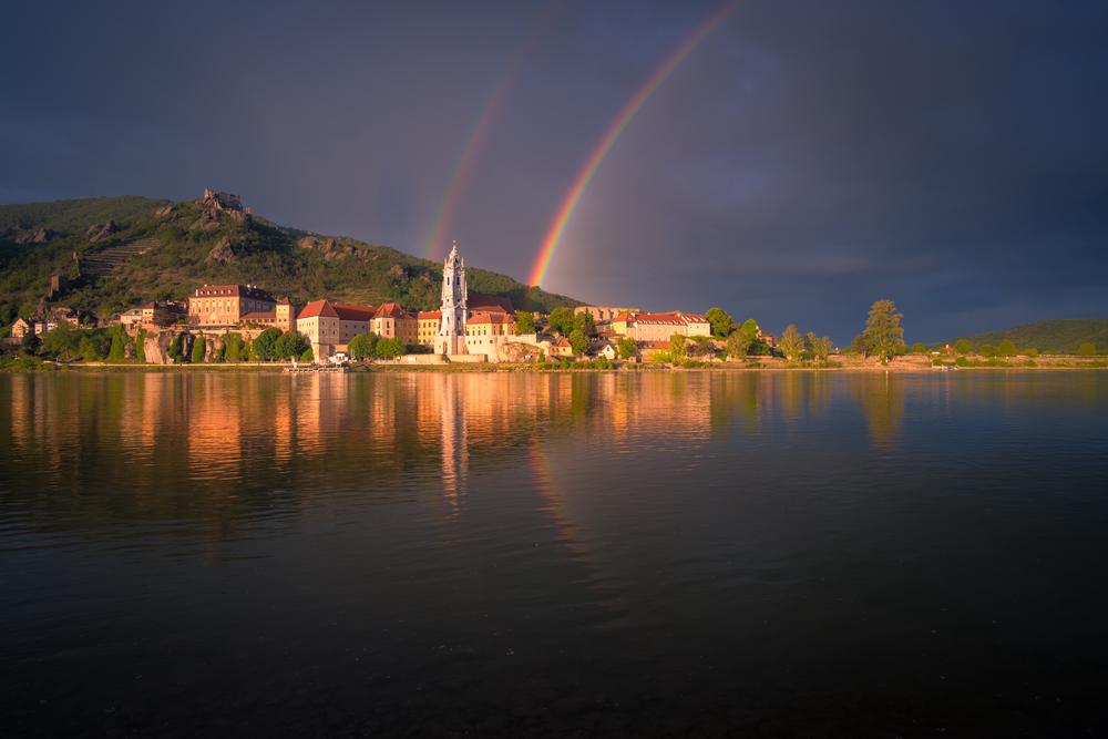 Incredible double rainbow over the Danube at Durnstein, Austria