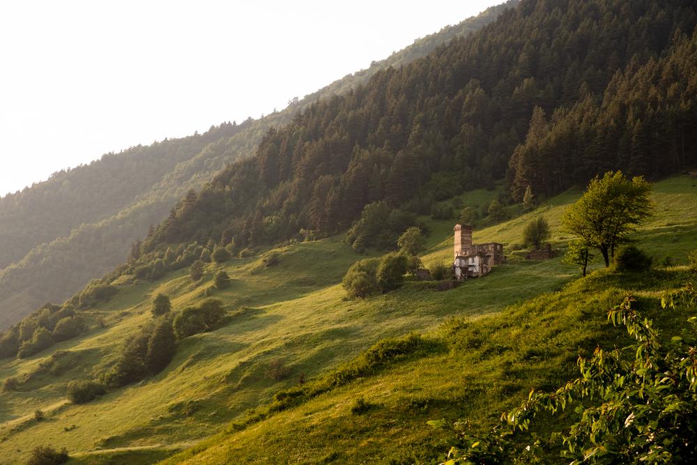 Lonesome Svan tower in warm summer afternoon light, Georgia