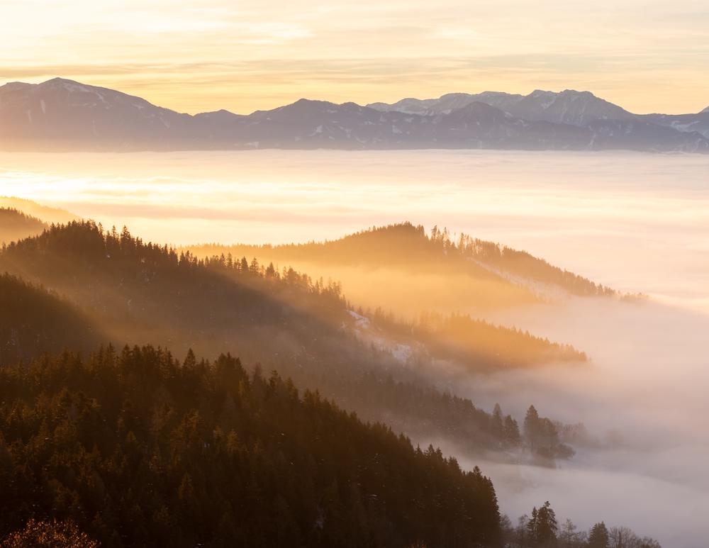 Golden sunrise on Magdalensberg with sea of clouds below, Carinthia, Austria