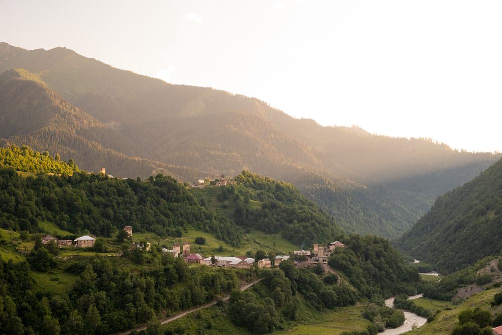 Sunset over the tiny village of Nakipari, Svaneti, Georgia